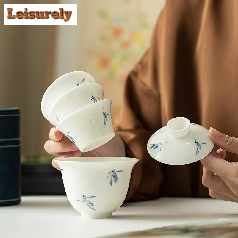Hand Drawn Butterfly Orchid Tea Set Kit Zen 1 Bowl 3 Cups Tea Maker Tea Set Portable Trave Leather Handbag Chinese Tea Set Gift