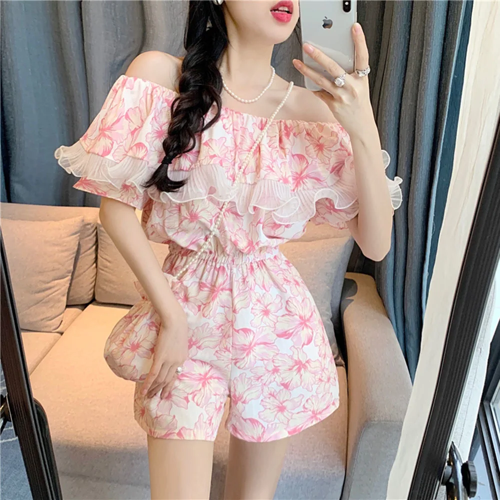 

2024 Sexy Ruffles Playsuit Beach Slash Neck Floral Jumpsuits Shorts Casual Summer Women Overalls Elegant Off Shoulder Playsuits