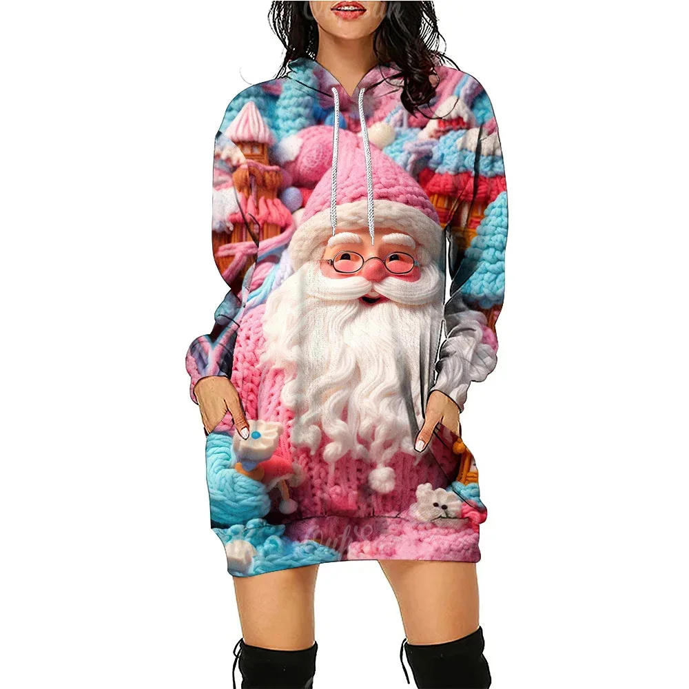 thumbnail image 1 of Vestido tipo jersey con capucha y elementos navideños divertidos con estampado digital 3D de Navidad para otoño, 1 of 5