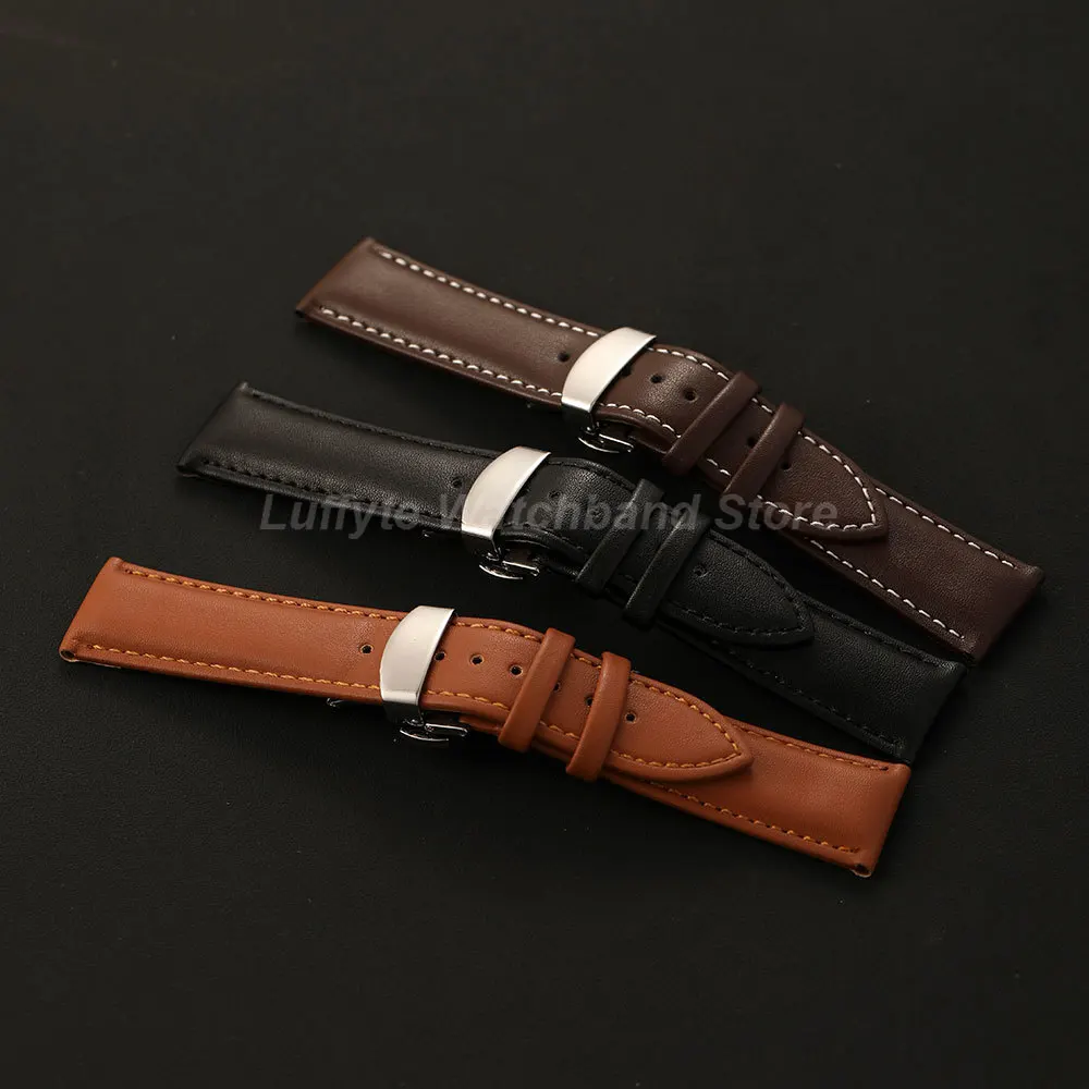 Classic Black and Brown Leather Watch Band with Butterfly Clasp Buckle – Elegant Replacement Strap