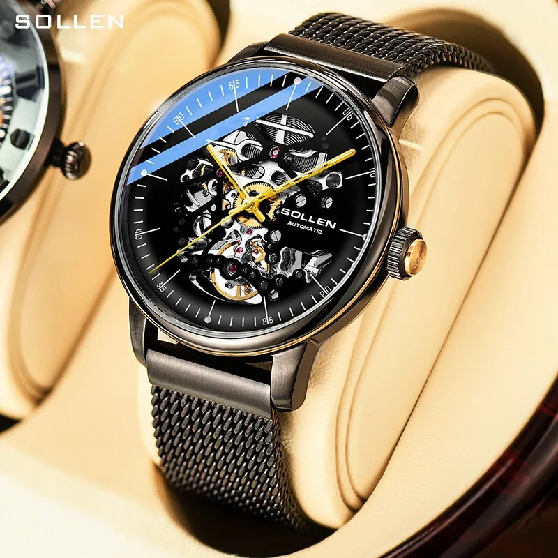 

SOLLEN Men Watch 2023 New Fashion Skeleton Automatic Mechanical Watch Brand Classic Black Mesh Strap 30M Waterproof Reloj SL202