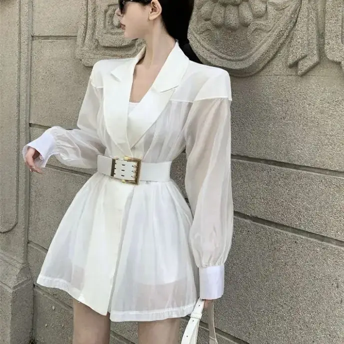 Blazers Breathable Mesh Patchwork Belt Women Korean White Coat Loose Thin Suit Jacket Sense Of Luxury Female Long Sleeve Tops