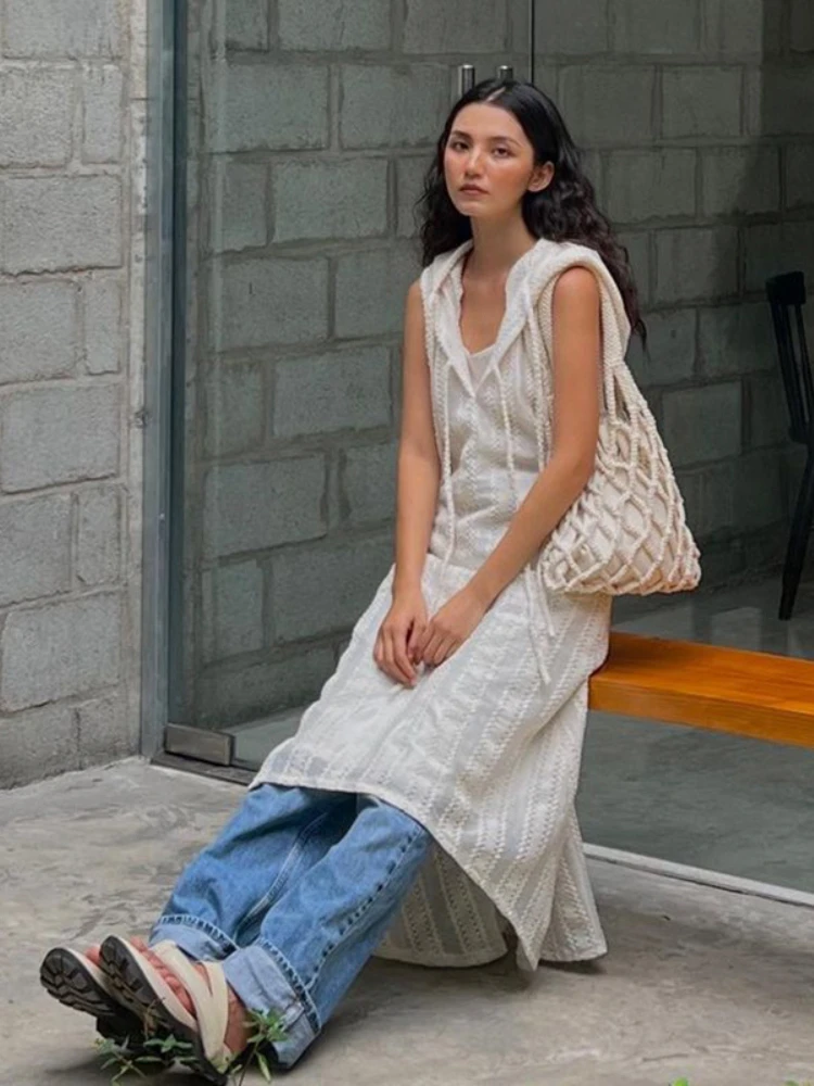 

Gavestis Y2K Casual Solid Knitted Loose Sleeveless Hooded A-Line Dress Women Summer Grunge Sundress Holidays Basic Long Dress