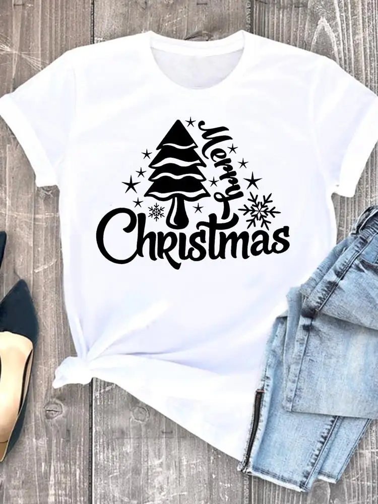 

Tree Letter Style Trend Cute Graphic T-shirt Christmas Women Clothes Fashion Print O-neck New Year Lady Casual Female Shirt Tee