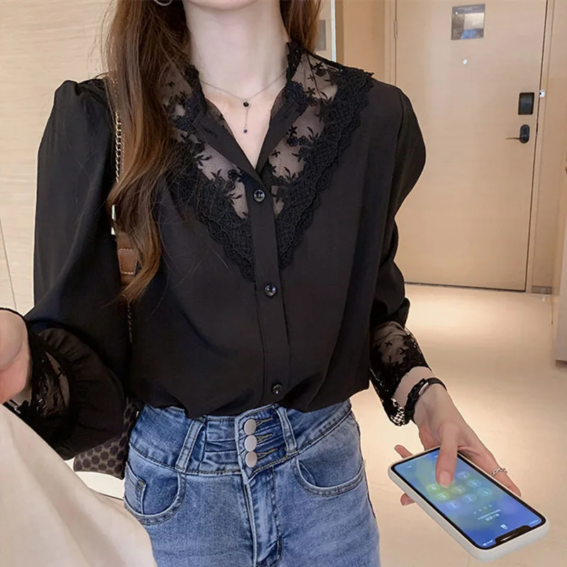 Casual White Lace Patchwork Shirt Blouse Women Spring Autumn Fashion Button Long Sleeve Shirts For Women Black Loose Top Femme