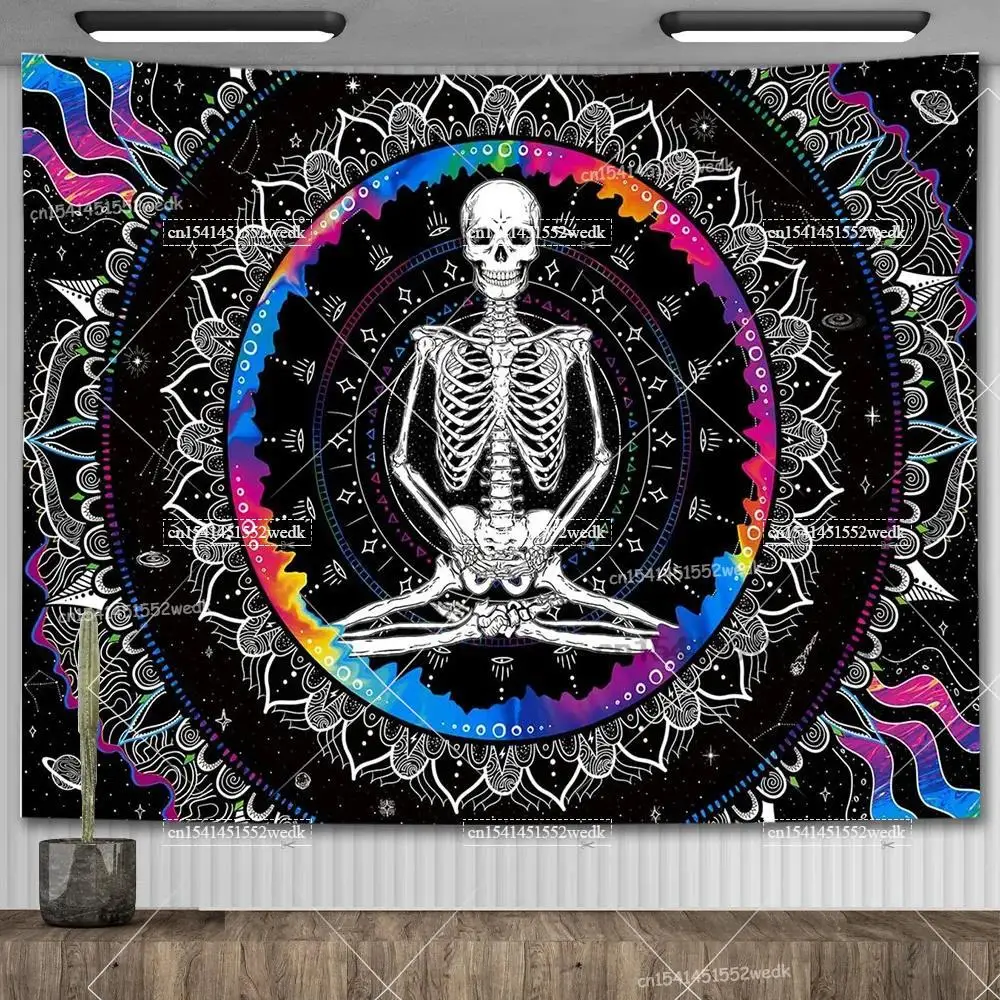 Meditating Skeleton Wall Tapestry Mandala Psychedelic Gothic Polyester Decor