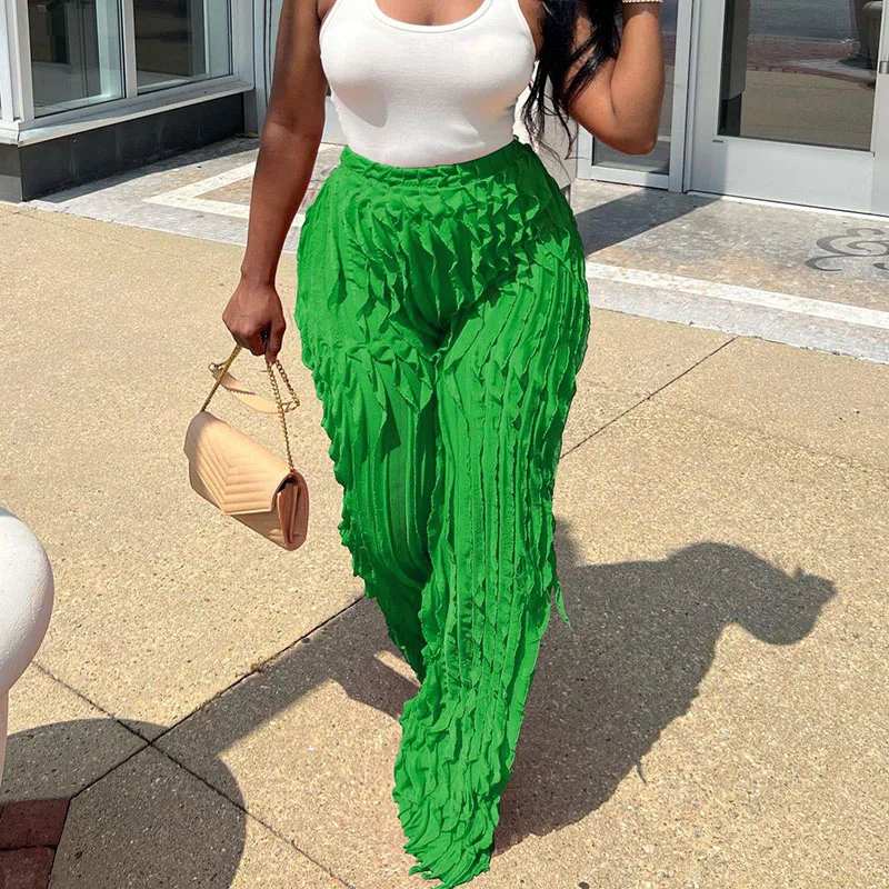 2024 Spring/Summer Women's Loose High Waist Wide Leg Pants with Mesh Wave Pattern Ruffle Edge