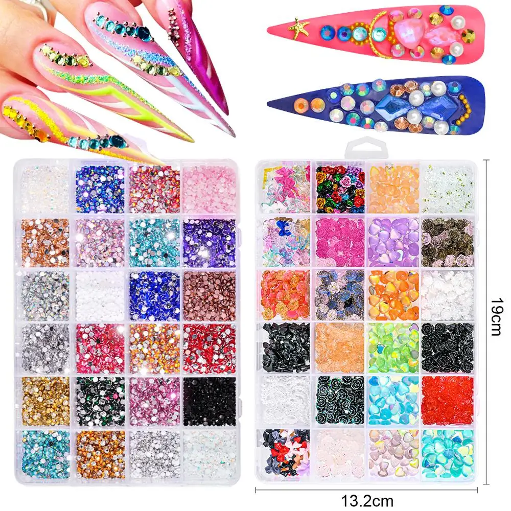 

1Box Round Resin Flat Bottom Color Glitter Rhinestones Nail Beads Flower Heart Bowknot Resin 3D Nail Art Decoration Accessories