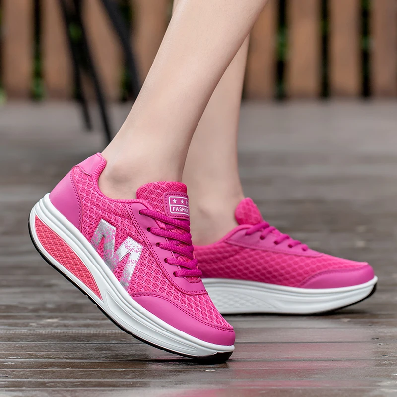 Brand Women Sports Shoes Increase Height 5 Cm Ladies Toning Shoes Wedge Sneakers Breathable Rocking Platform Shake