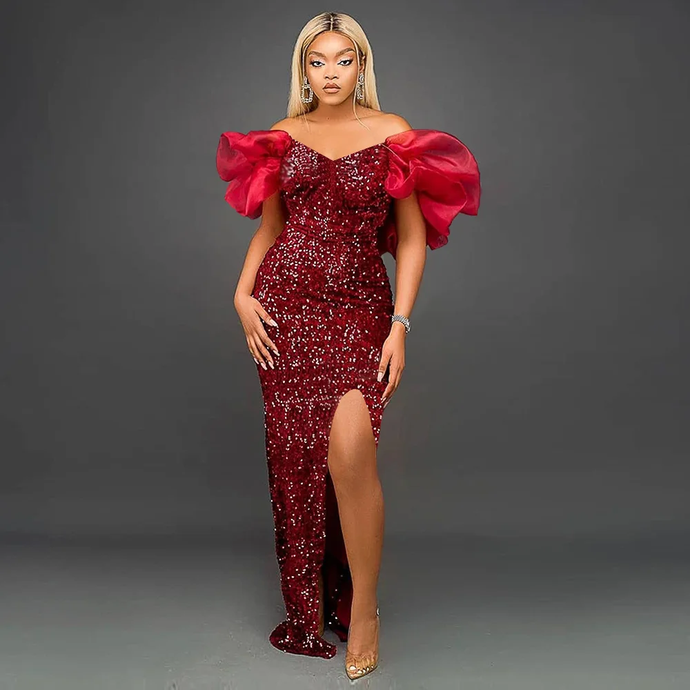 

In Stock 2024 Burgundy Shiny Long Evening Dress For Black Girls Off The Shoulder Side Split Sequin Wedding Party Gowns Wholesale