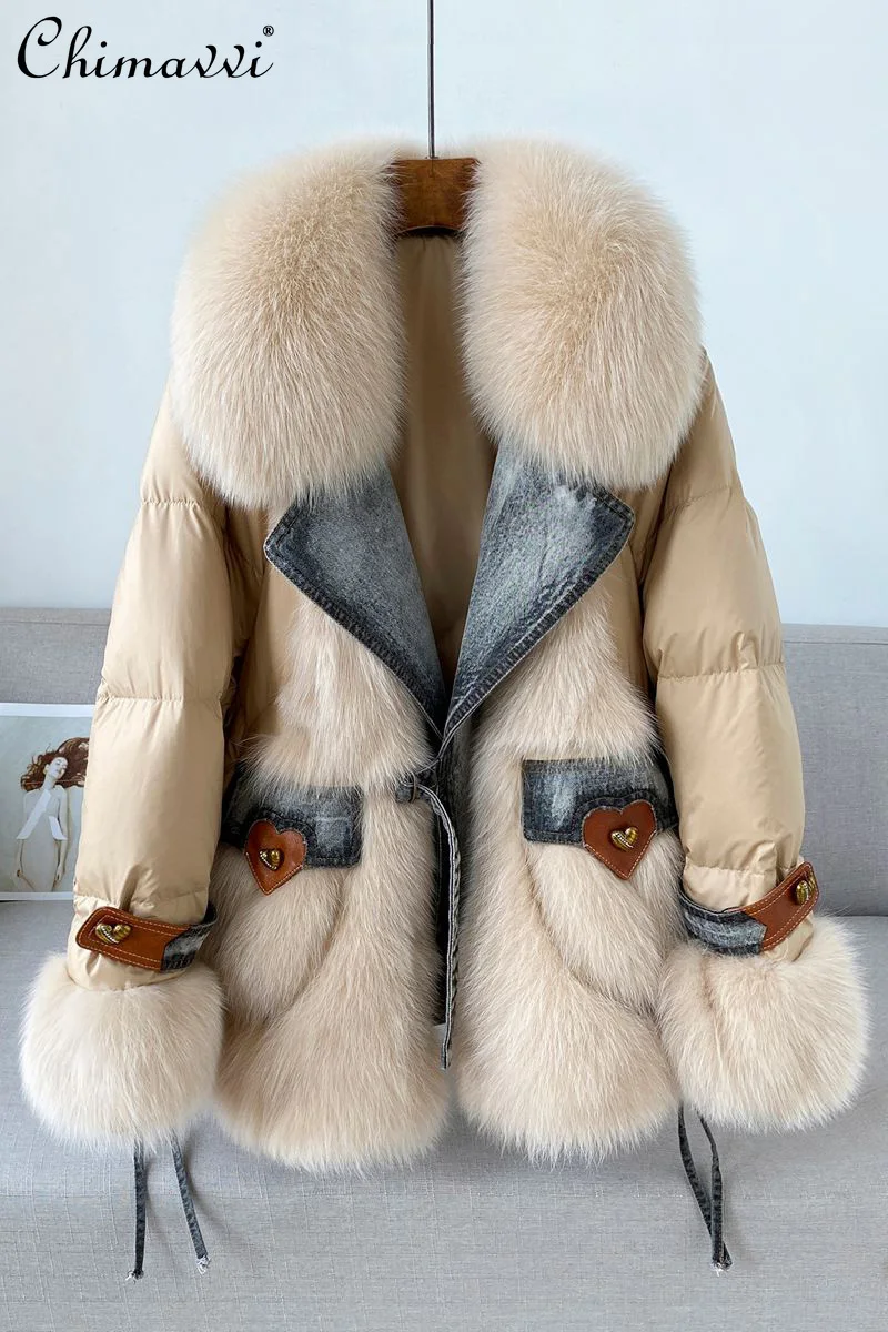 

European Station Imitation Fox Fur Down Jacket Female 2023 Winter New Fashion Denim Stitching Leisure Warm White Duck Down Coat