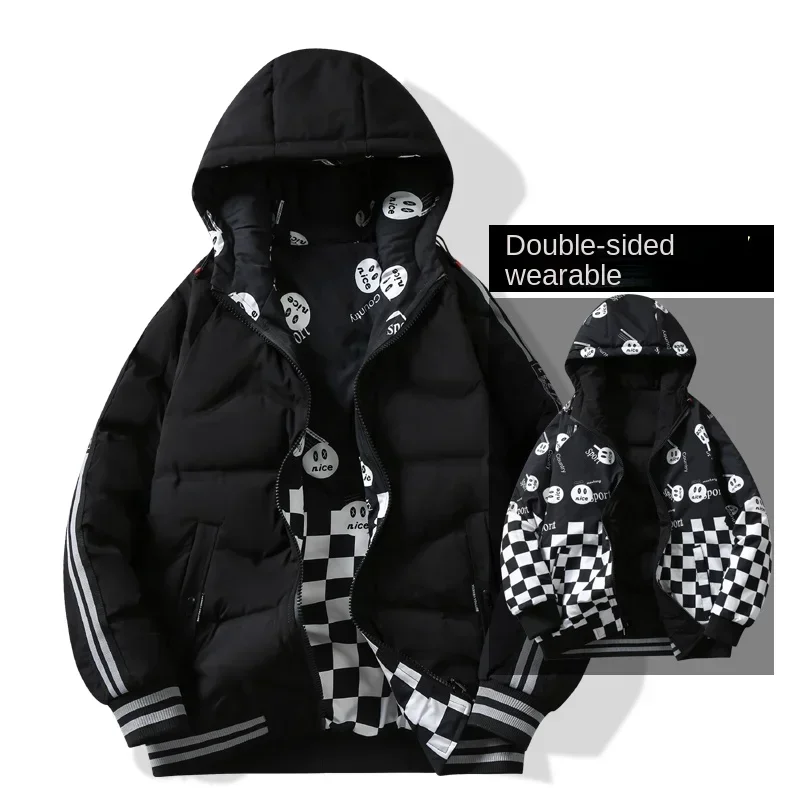 Chaqueta de plumón de doble cara con estampado de cuadros de color liso con capucha 2024 nueva chaqueta de plumón de pato blanco cálida para otoño e invierno