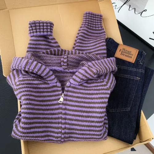 Japanese Y2K Harajuku Hot Girl Retro Contrast Striped Knitted hoodie Autumn/Winter Women Loose Casual Zipper Sweater emo - Image 2