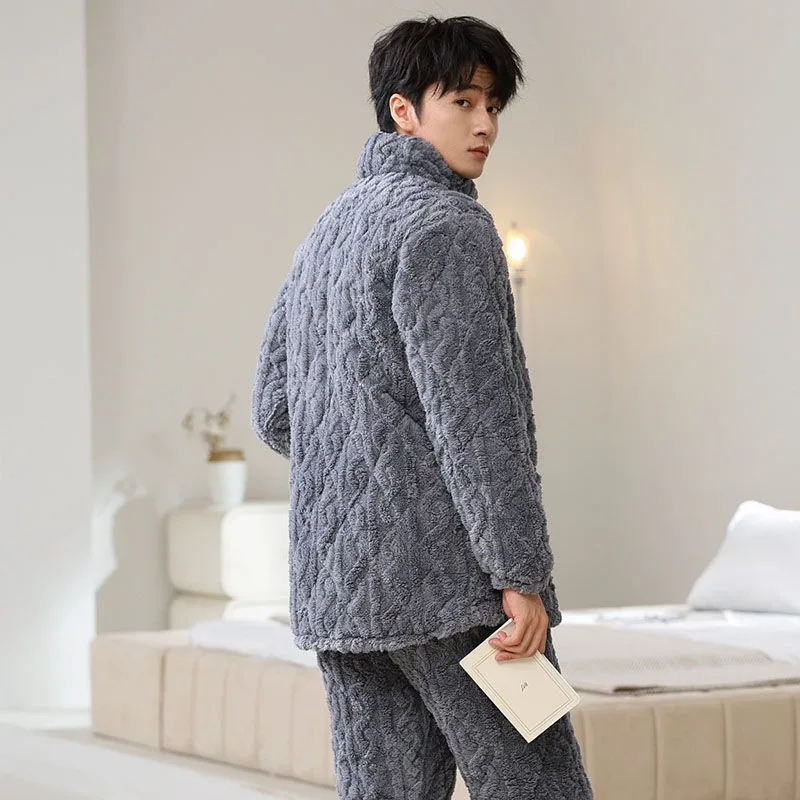 2024 New Men's Autumn Winter Thickened Sleepwear Male Coral Velvet Three-layer Padded Pajamas Flannel Fleece Warm Loungewear Set