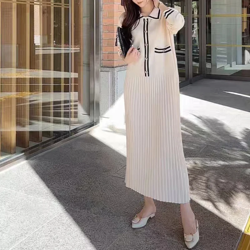 Luxury Casual Elegant Spring Lapel Striped Button Single Breasted Pocket Long Sleeved Vertical Patterned Long Dress Clothes New