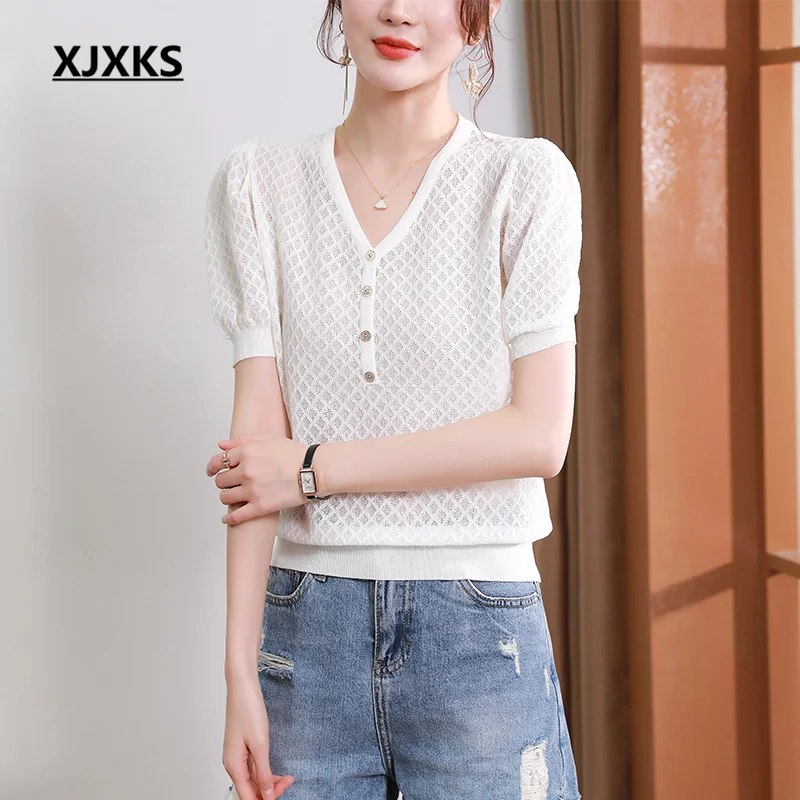 

XJXKS 2023 Summer New Fashion V-neck Ladies Short-sleeved Tops Comfortable Mulberry Silk Knit T-shirt Women's Shirt
