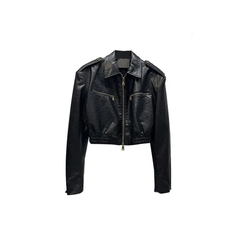 High-end sense motorcycle pu leather coat women's spring and summer 2023 new retro black short long sleeve jacket top