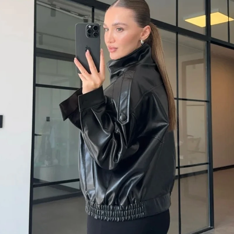Women's Jacket Black Pu Leather Jacket Long Sleeve Top Female Autumn 2025 New In Jackets & Coats Street Zip-Up Jacket Streetwear - 4