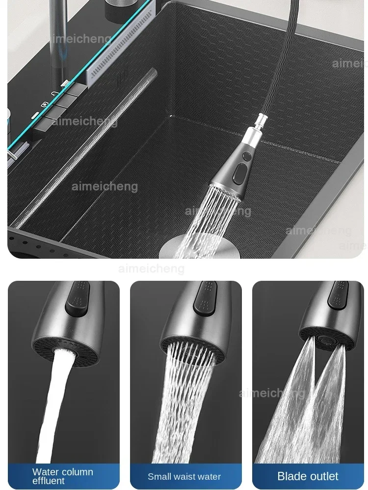 Waterfall Large Single Sink Kitchen Stainless Steel with Trash Can Multifunctional Vegetable and Dishwashing Basin Sink 4