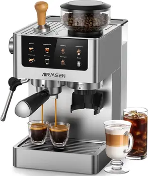 20 Bar Espresso Machine with Burr Grinder & Milk Frother, Stainless Steel, Home Coffee Maker for Cappuccino, Latte, Cold Brew, Americano 1