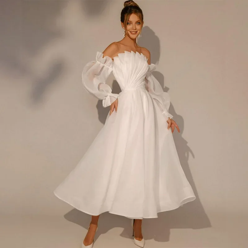 

Tea Length Strapless Ruched Bodice Organza Wedding Dress With Detachable Long Sleeves A Line Pleated Empire Party Bridal Gowns