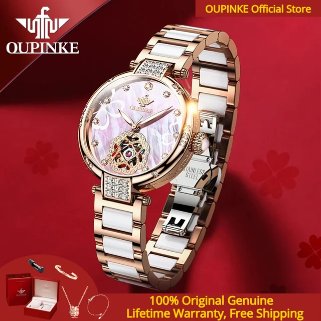 OUPINKE 3183 Elegant Women Watch Waterproof Ceramic Steel Strap Luxury Diamond Flower Hollow Women Automatic Mechanical Watch