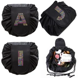 Women Drawstring Cosmetic Bag Travel Storage Makeup Bag Portable Text Letter Print Fashion Toiletry Case Organizer MakeUp Pouch