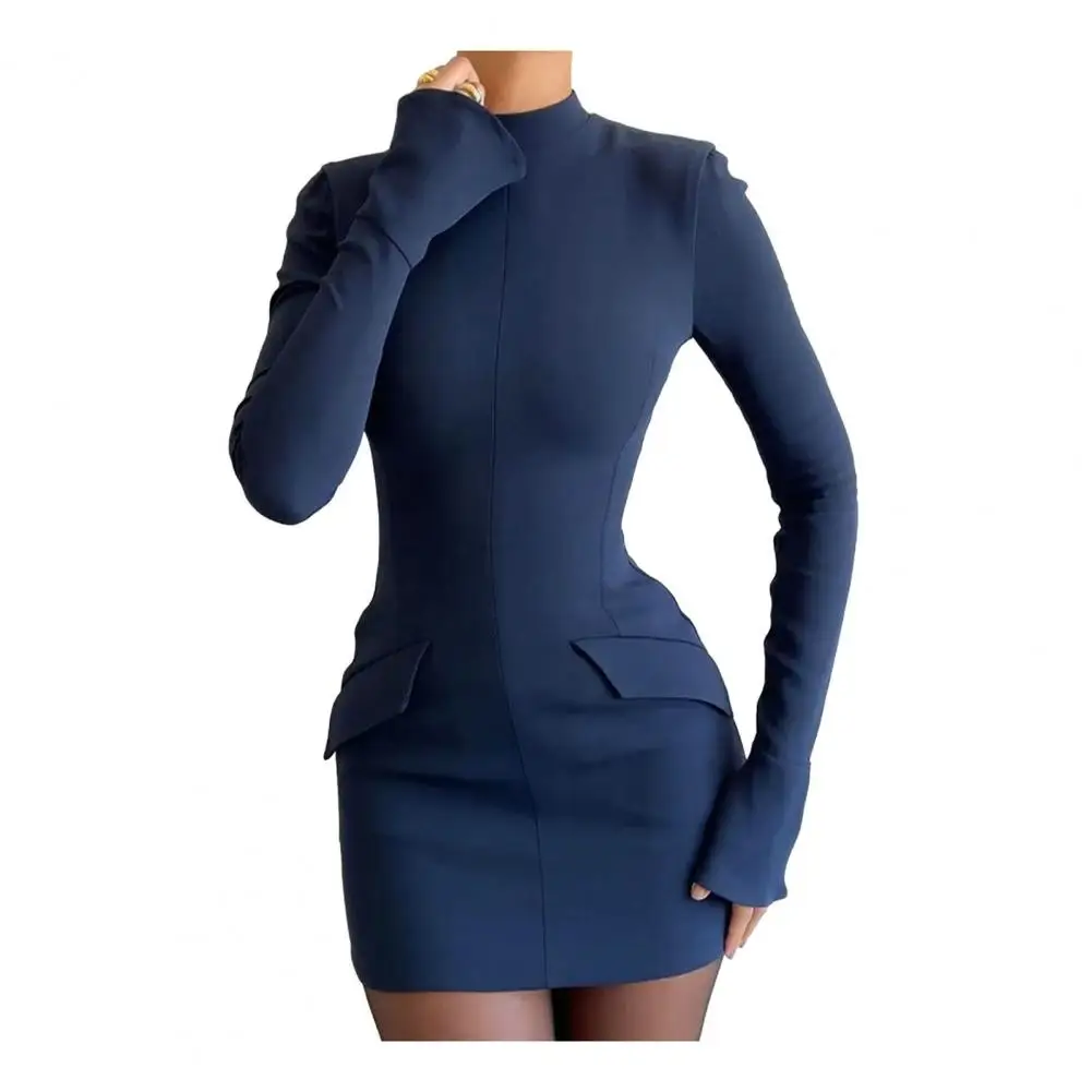 

Women Solid Color Mini Dress Half High Collar Long Sleeve Flap Pockets Slim Fit Short Dress Elegant Female Dress