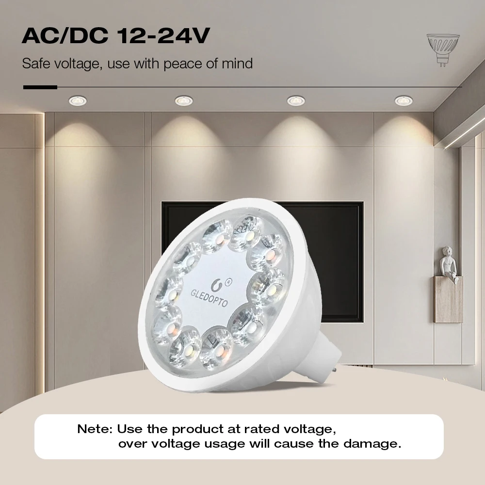 Gledopto Zigbee 3.0 LED Spotlight 5W MR16 Pro RGB+CCT 400~500LM AC/DC12~24V Tuya Smart Life APP Alexa Conbee RF Remote Control 4