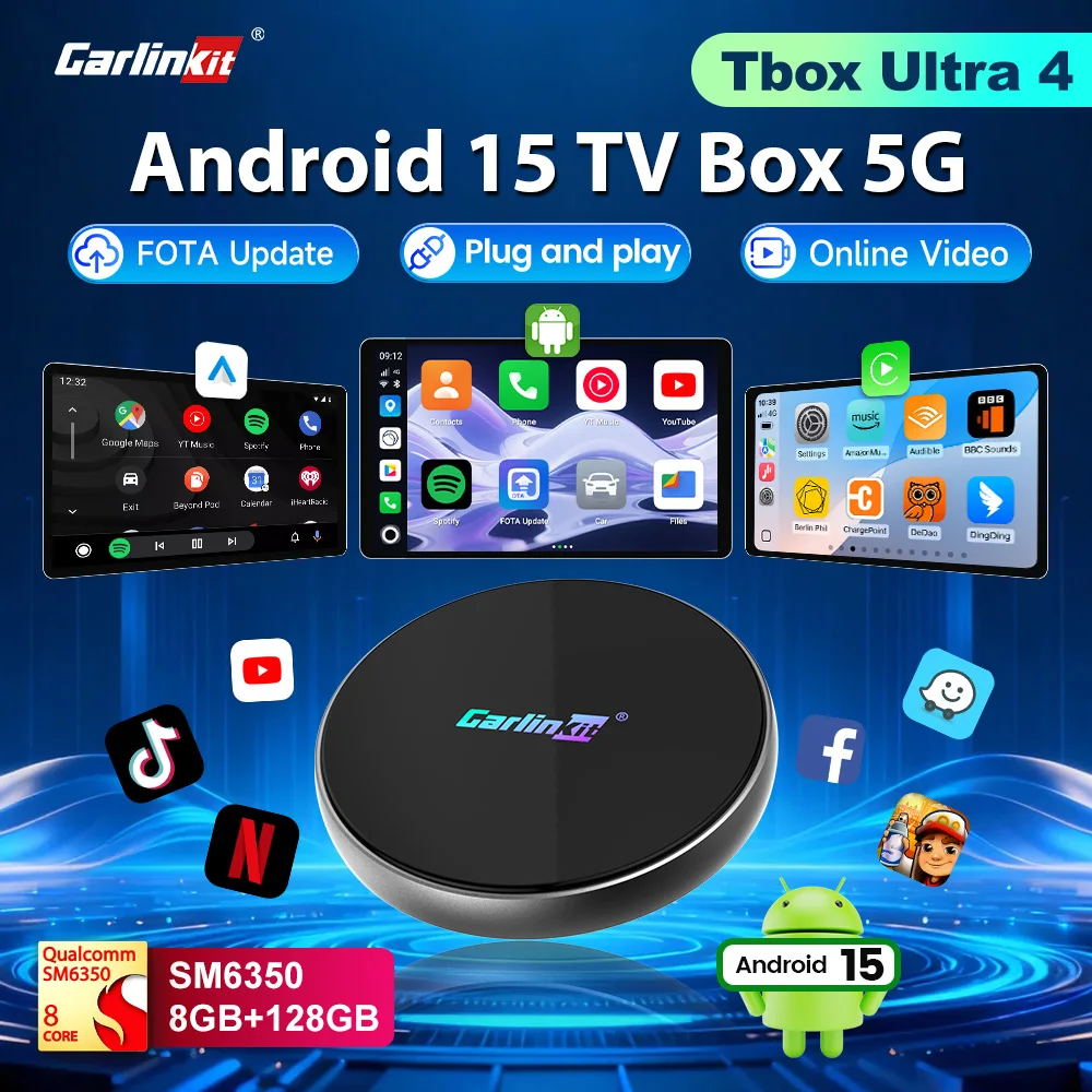 Tbox-Ultra 4 CarlinKit Android 15 TV Box 5G/4G LTE SM6350 Inalámbrico Android Auto & CarPlay Ai Box Para Netflix IPTV GPS 8GB+128GB