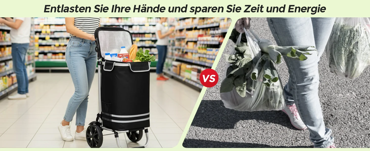 Oak & Tea 3-in-1 Klappbarer Einkaufstrolley – Leicht & Robust (50kg Traglast/56L), Oxford-Stoff mit Isolierfutter – Detail 4