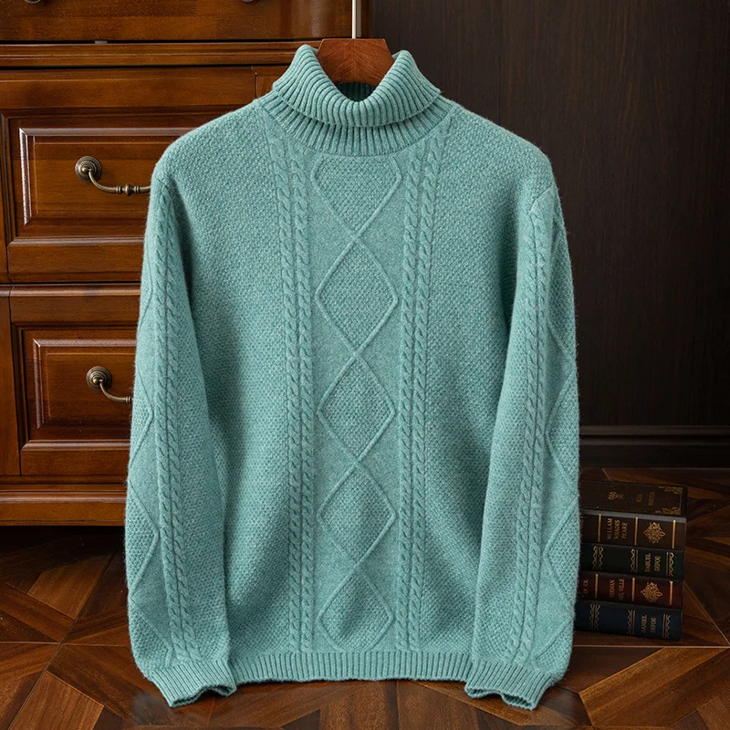 

100% pure wool one-piece ready-to-wear men's turtleneck pullover in autumn and winter Jacquard knit Joker sweater casual L.