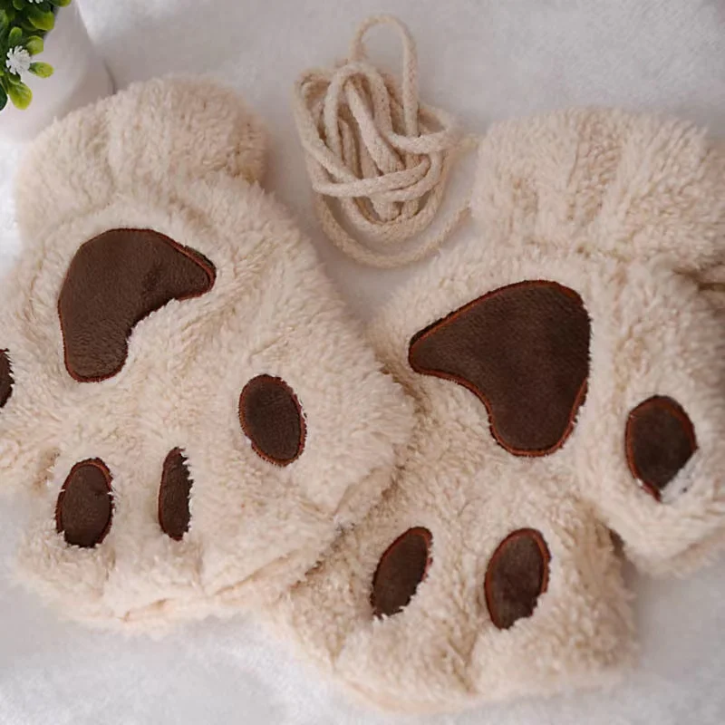 Winter Thickened Fluffy Bear Paw Half Finger Gloves Cute Cartoon Cat Paw Open Finger Gloves for Girls