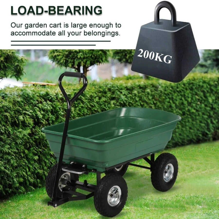 200kg Capacity Garden Cart Heavy Duty Utility Lawn Yard Dump Cart Wagon Carrier with Sturdy Steel Frame Wheelbarrow Garden