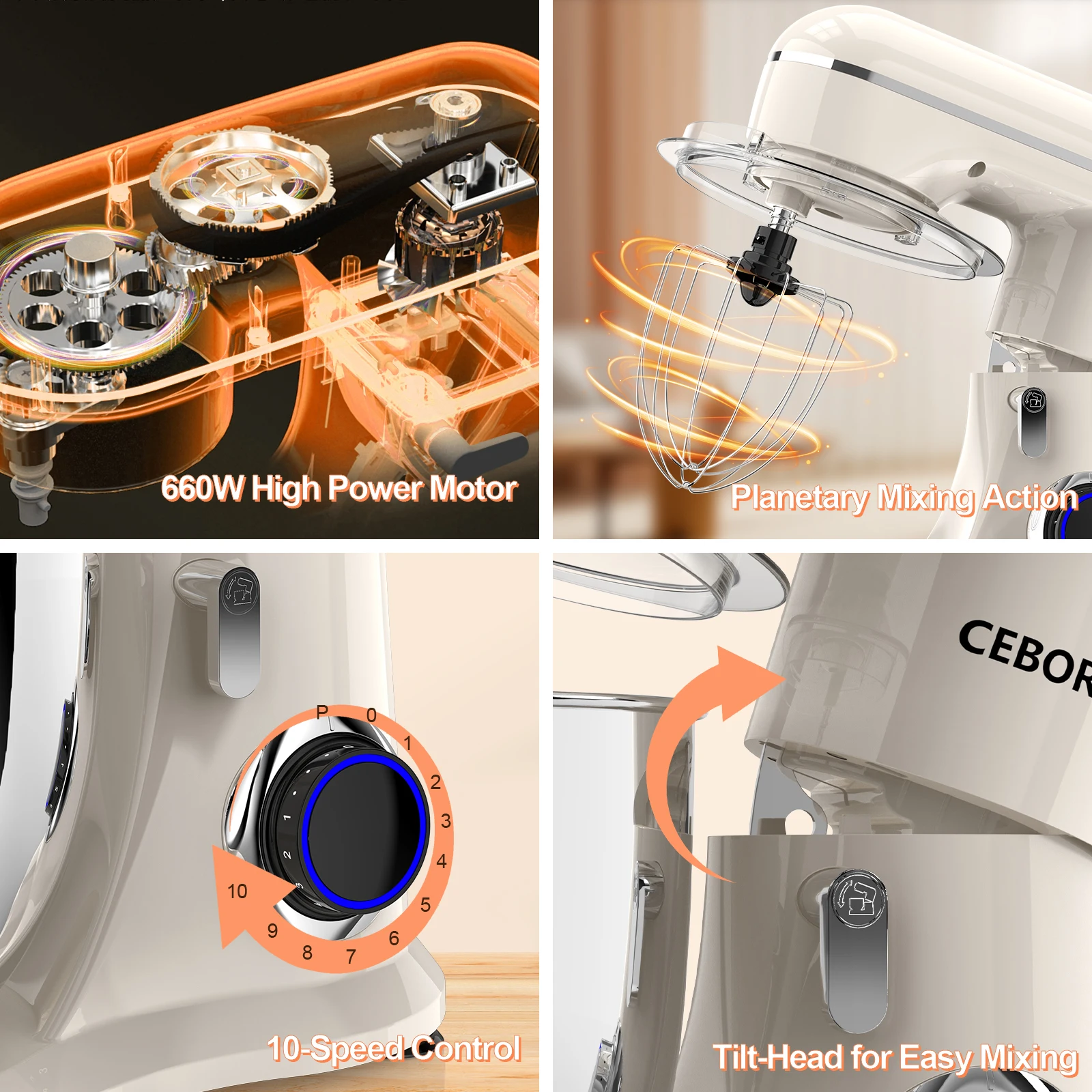 3-IN-1 Electric Stand Mixer, 660W 10-Speed With Pulse Button, Attachments include 6.5QT Bowl, Dough Hook, Beater, Whisk
