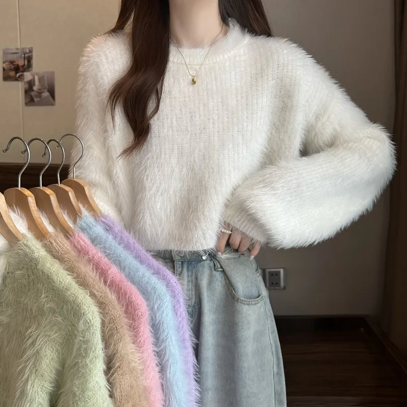 

New Soild Color Cashmere Sweater Women Korean Fashion O-Neck Lantern Sleeve Warm Pullovers Crop Tops Female 2022 Spring Autumn