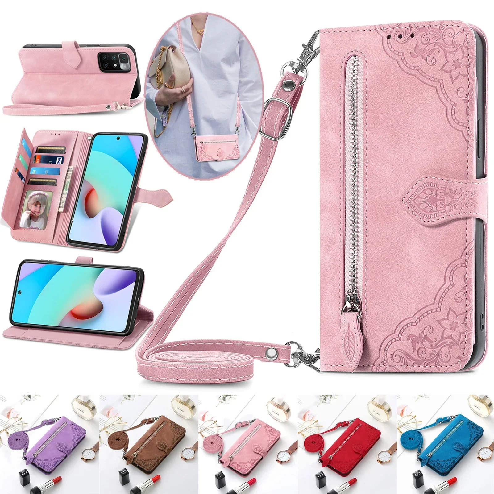 Leather Crossbody Wallet with Magnetic Lanyard and Card Slot Cover