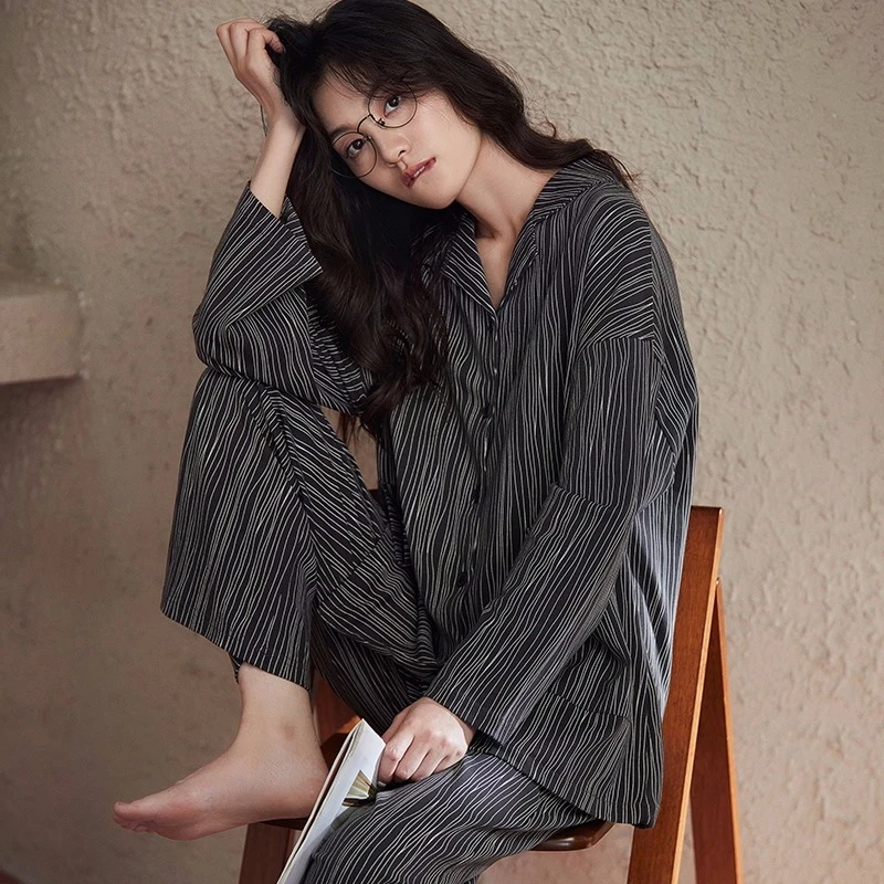 

Spring and autumn lapel cardigan women's pajamas thin evening dress cartoon printed pajamas women's household clothes 2 sets