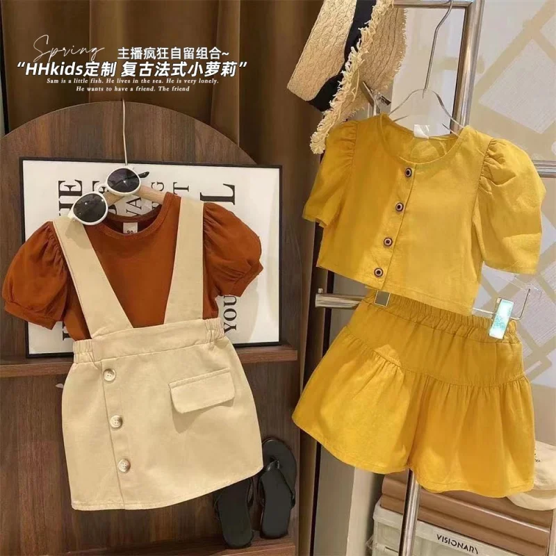 

New Cool Summer Girls' Double Version Puff Sleeve Bottoming Shirt Short Skirt Two-Piece Set2024Summer Wear Suit Tide-WSNY