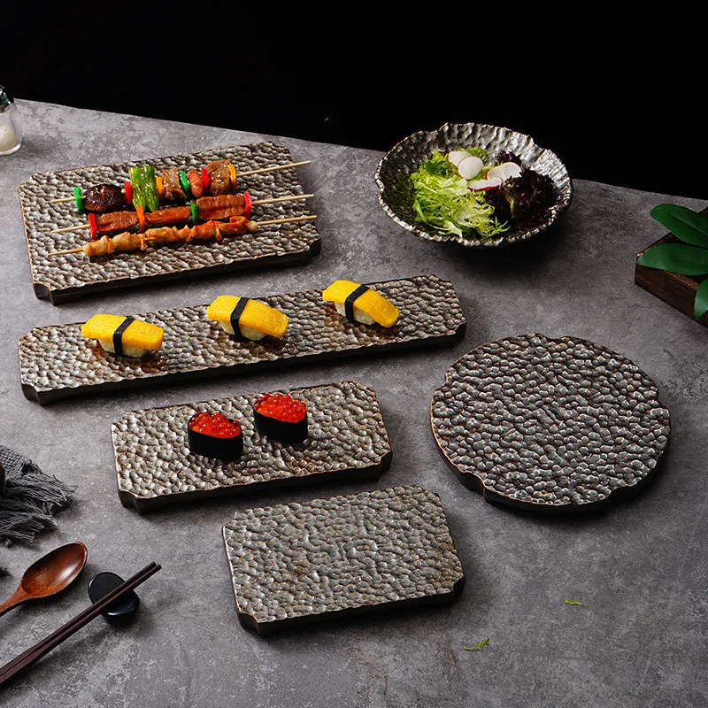 

Japanese Ceramic Sushi Plate Long Strip Plate Stone Pattern Salad Bowl Tableware
