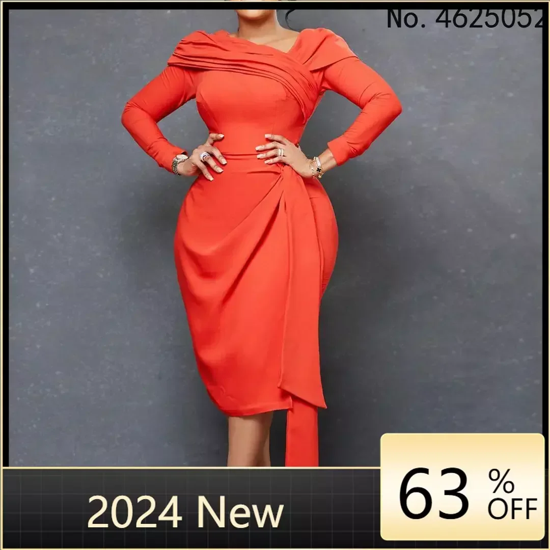 

Elegant Bodycon Dresses for Women Skew Collar Full Sleeve Solid Package Hips Mid Calf Professional Business Work Dress Clothes