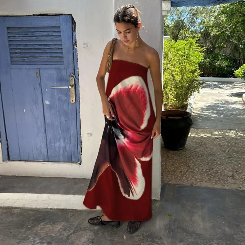 Sexy Floral Printed Strapless Long Dresses Women Loose Off The Shoulder Sleeveless Beach Dress 2025 Summer Lady Vacation Robes