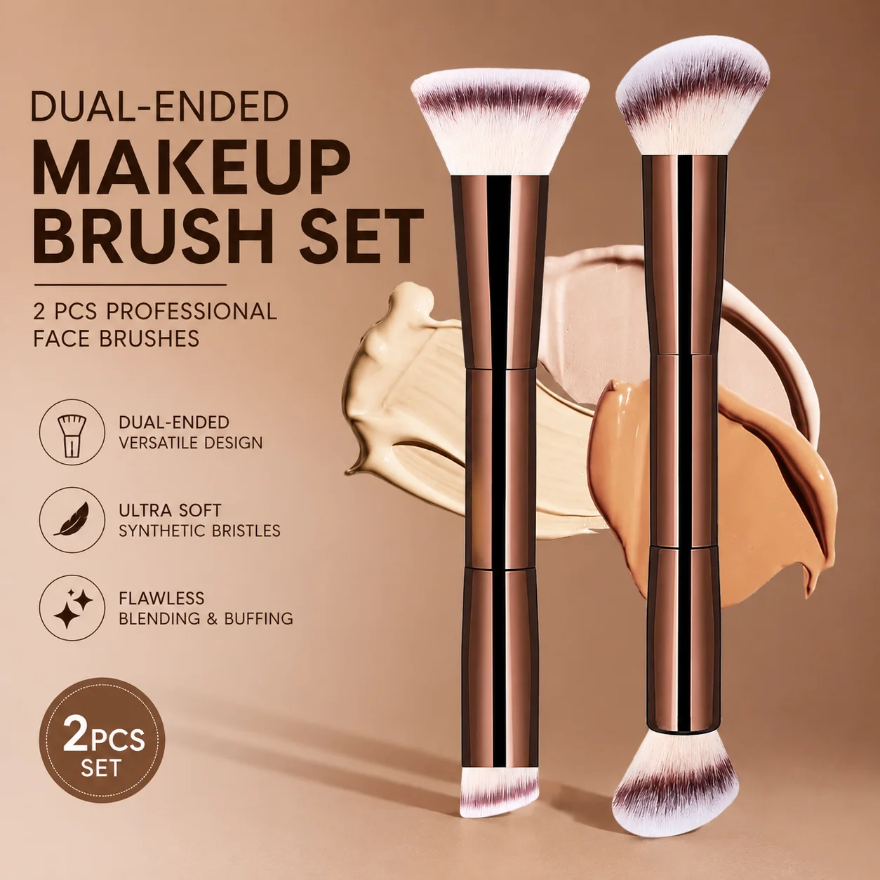 2pcs Dual-Ended Makeup Brush Set – Foundation & Blush, Soft Fibers, Travel-Friendly, Precise Application Beauty Tools 1