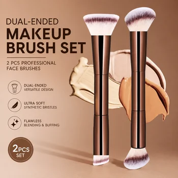 2pcs Dual-Ended Makeup Brush Set – Foundation & Blush, Soft Fibers, Travel-Friendly, Precise Application Beauty Tools 1