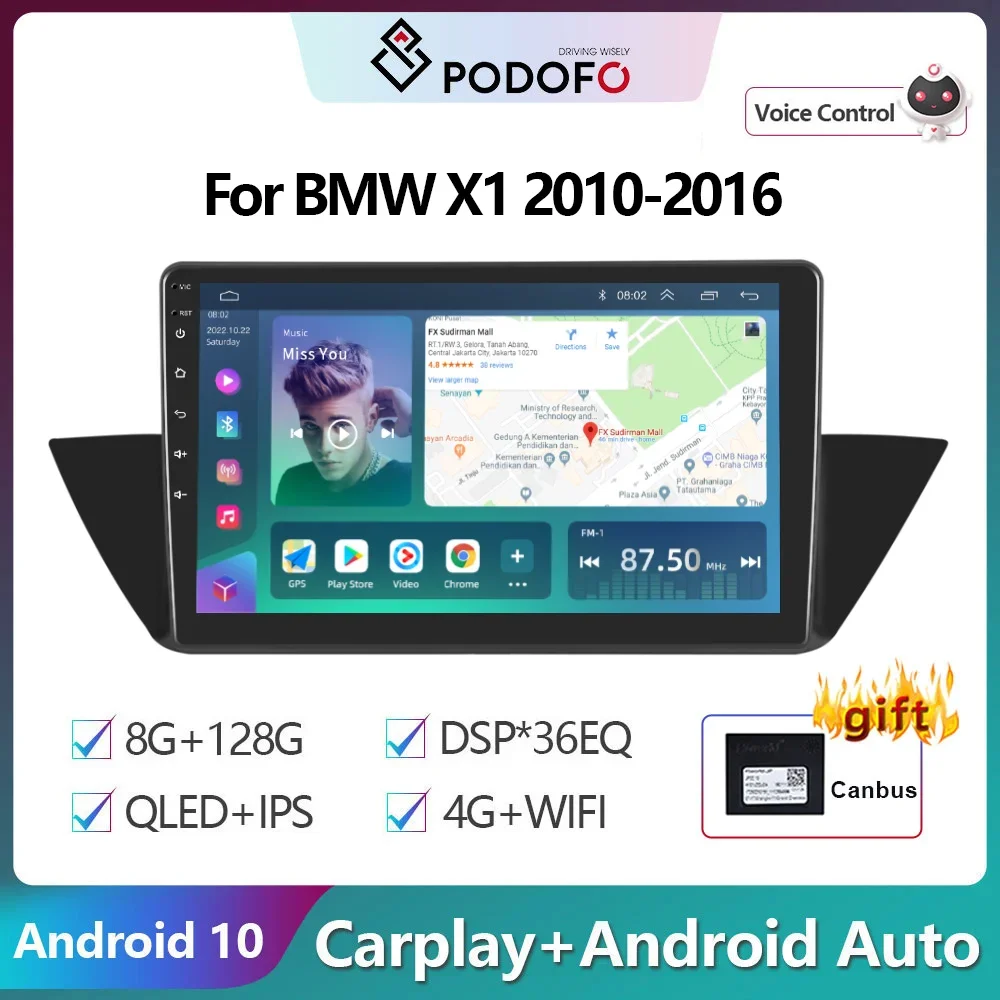 

Автомагнитола Podofo на Android 10, мультимедийный видеоплеер с GPS-навигацией для BMW X1 2010-2016, 2din, 4G, Wi-Fi