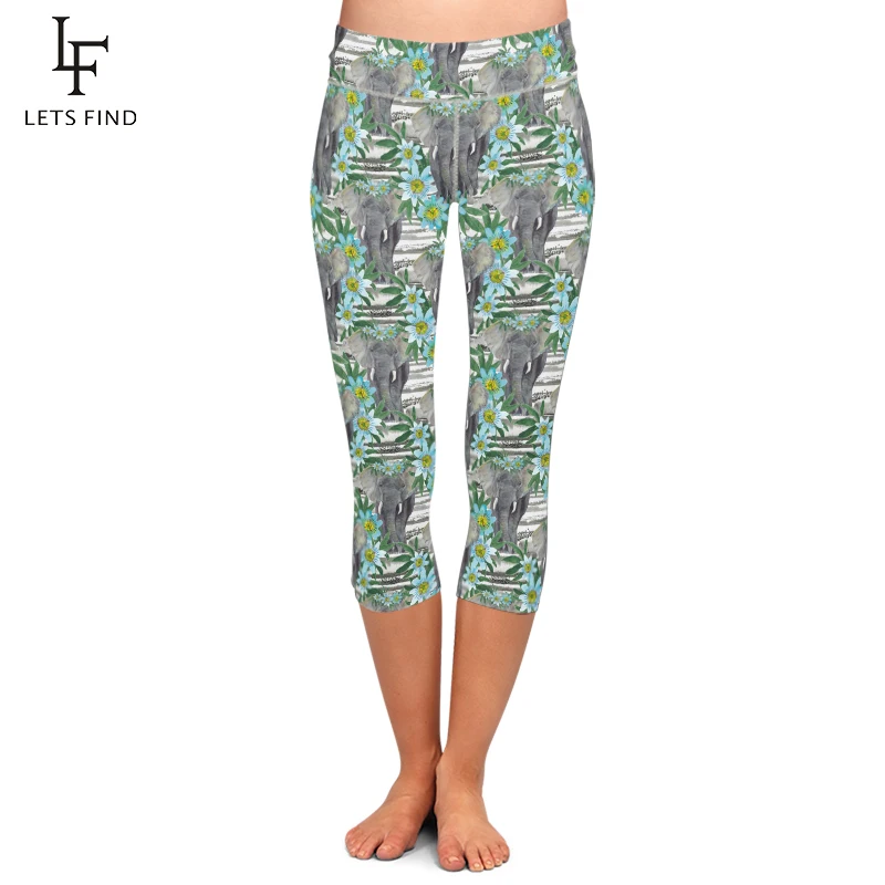 Summer Women High Waist Capri Leggings Fashion 3D Elephant and Flowers Digital Printing  Mid-Calf 3/4 Women Leggings