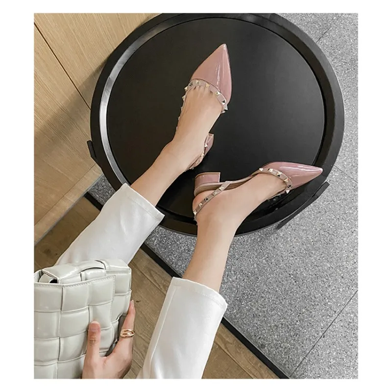 Riveted Sandals Women's 2023 New Pointed Single Shoes Flat Shoes Lacquer Leather Baotou Temperament High Heel Women's Shoes33-41