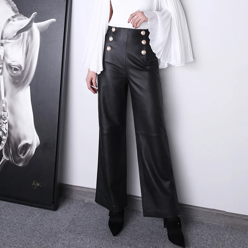Women's Double Breasted Sheepskin Leather Pants, Straight Trousers, High Waist, Metal, Spring, Autumn