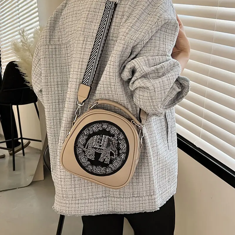 Vintage Fashion Shell Lock Diamond Elephant Bag Bags PU Leather Wide Strap Women Shoulder Crossbody Bag Women's Handbags Purses