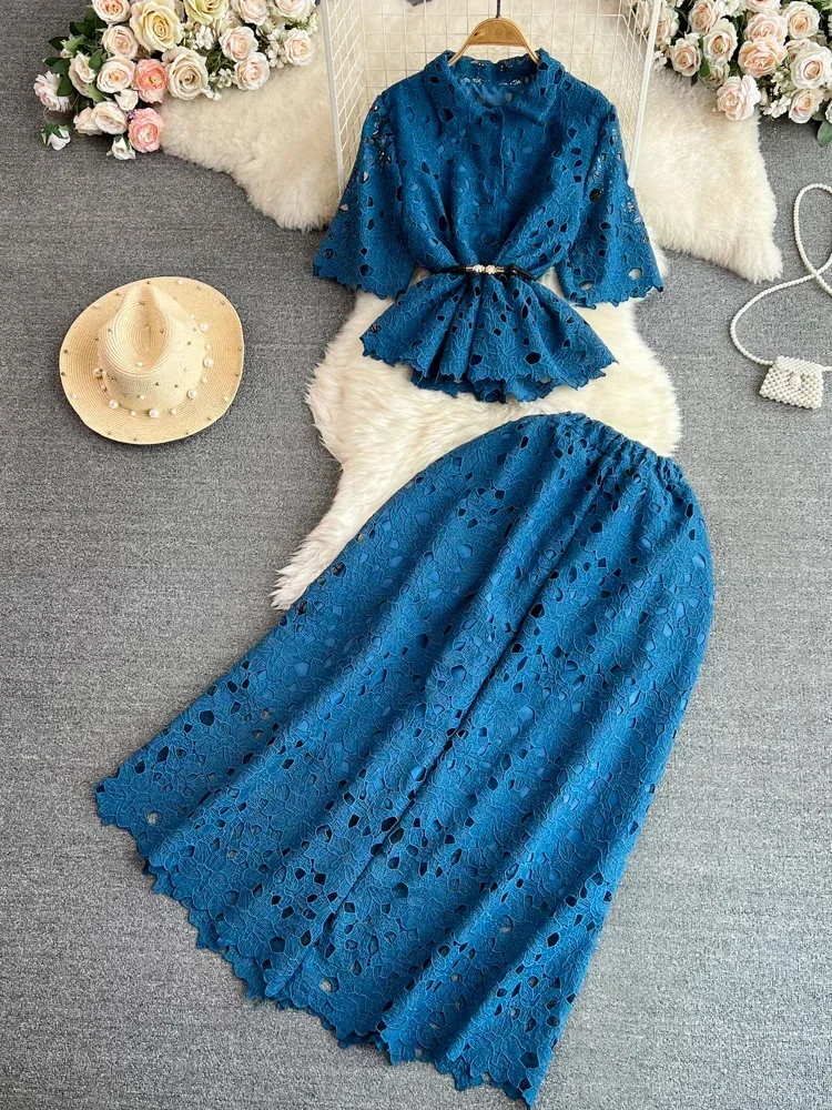 Women Summer Dress Sets Vintage Style Short Sleeve Hollow Out Single Breasted Shirt Two Piece High Waist A-Line Dress D3289 - Image 3